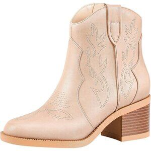 Women's Polyurethane Blush Embroidered Round Toe Short Ankle Chunky Heel Boots